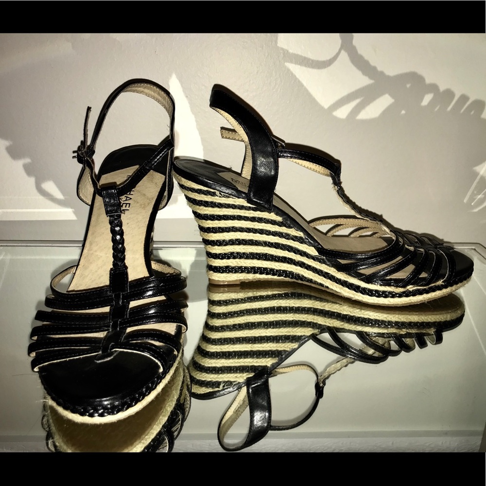 NWOT❗️MK Black Leather Wedge Sandals